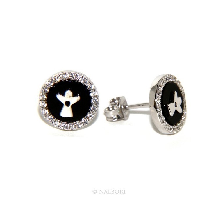 NLB|925: pair of earrings 10mm black onyx circle man woman button zirconia and angel