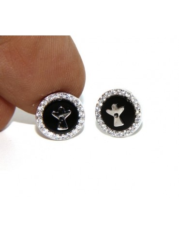 Argento 925 : coppia di orecchini 10mm uomo donna bottone onice cerchio nero pavè zirconi e angelo