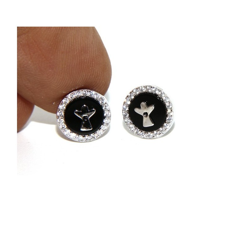 NLB|Argento 925 : coppia di orecchini 10mm uomo donna bottone onice cerchio nero pavè zirconi e angelo
