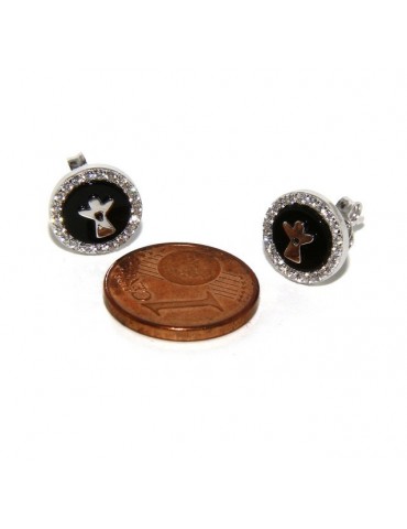 925: pair of earrings 10mm black onyx circle man woman button zirconia and angel