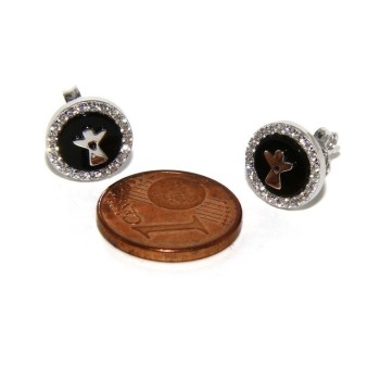 NLB|Argento 925 : coppia di orecchini 10mm uomo donna bottone onice cerchio nero pavè zirconi e angelo