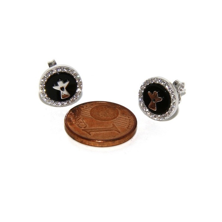 NLB|925: pair of earrings 10mm black onyx circle man woman button zirconia and angel