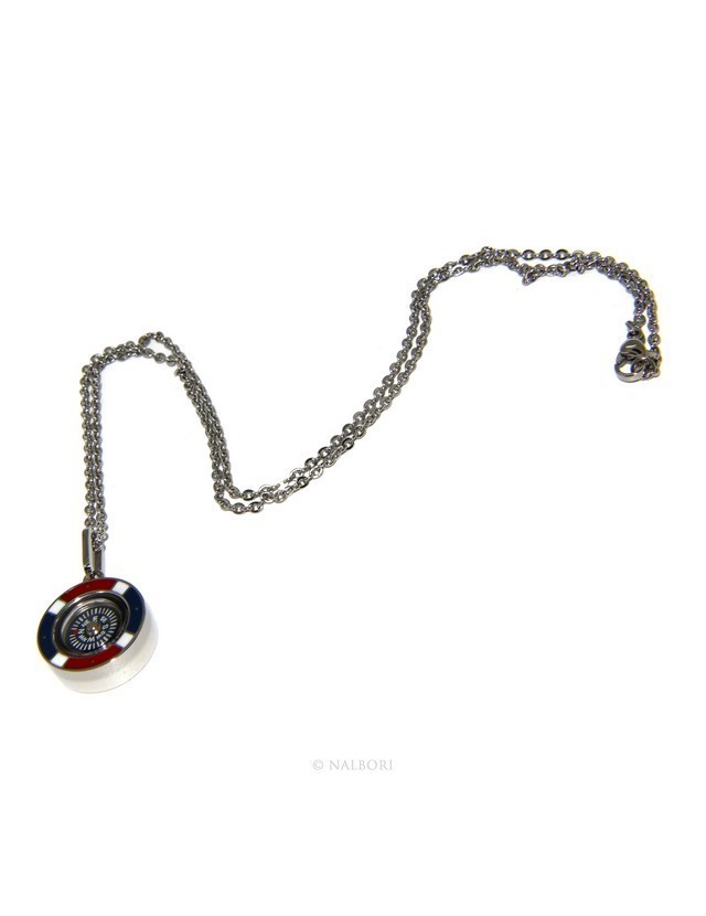 Steel: Exclusive necklace rolo 'man woman pendant french flag and compass