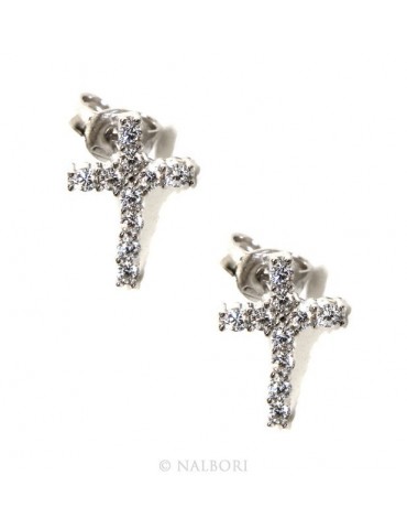 Argento 925 : orecchini uomo/donna punto luce croce pavè zircone bianco 11x8