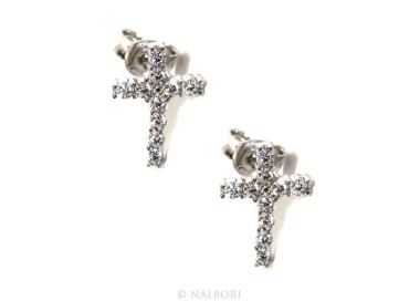 NLB|Argento 925 : orecchini uomo/donna punto luce croce pavè zircone bianco 11x8