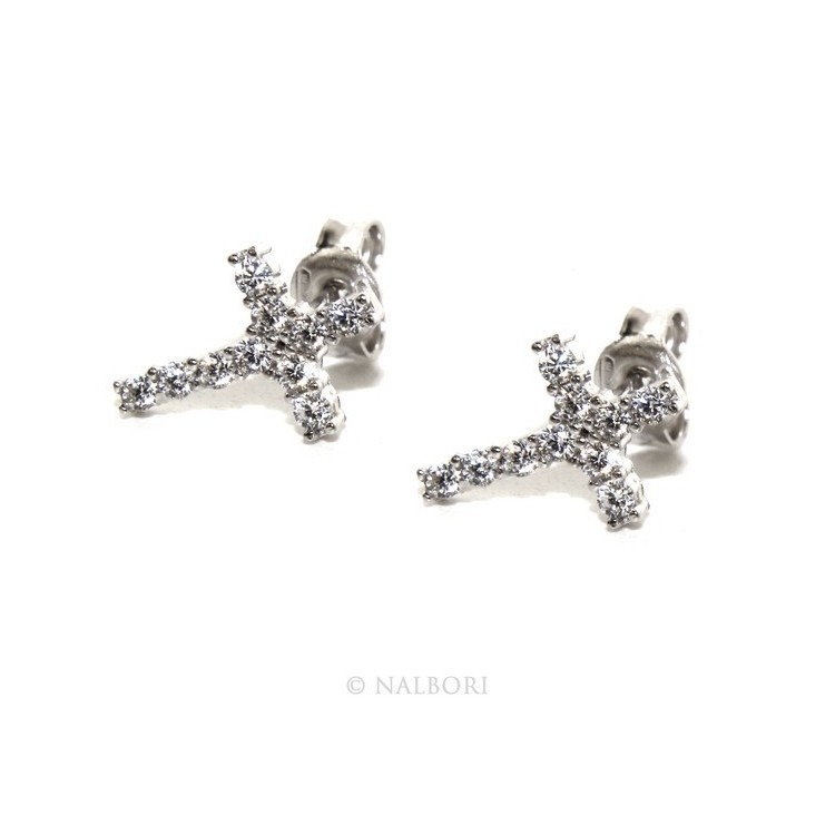 NLB|925: earrings man / woman light cross stitch white pavé zirconia 11x8