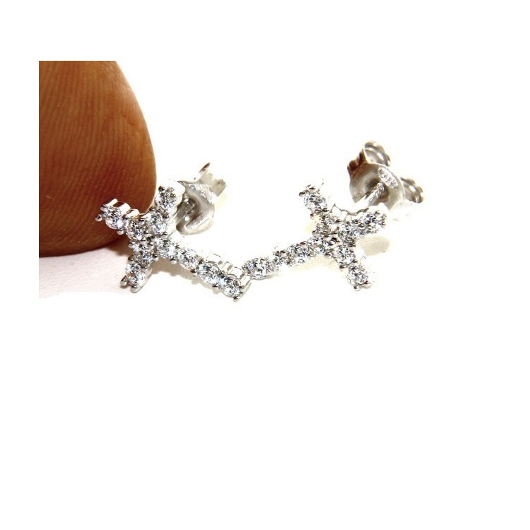NLB|925: earrings man / woman light cross stitch white pavé zirconia 11x8