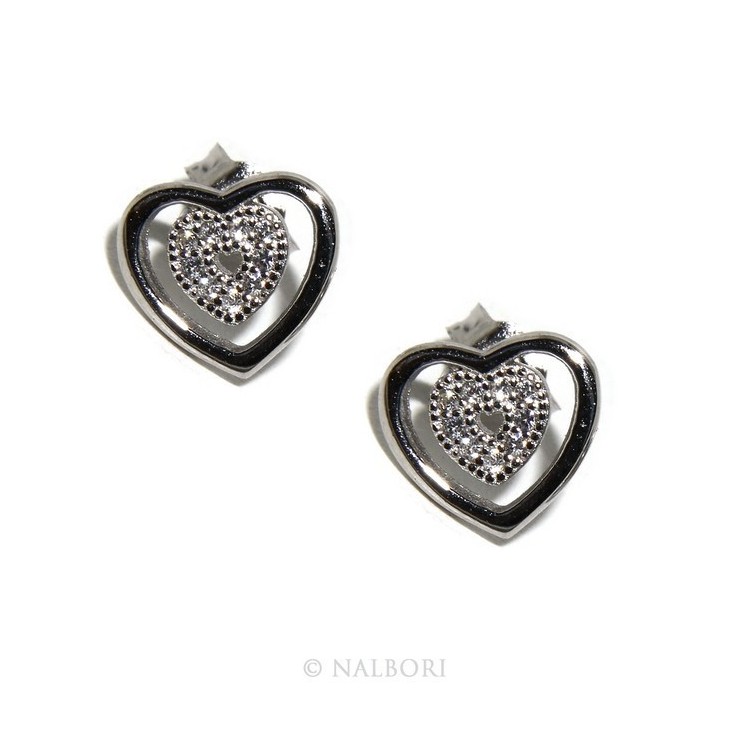 NLB|Argento 925 : orecchini donna punto luce doppio cuore pavè zircone bianco