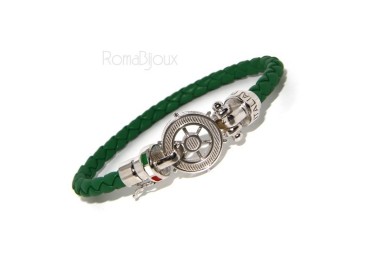 NLB|ARGENTO 925 : Bracciale uomo massiccio pelle con timone e serigrafie made in italy verde