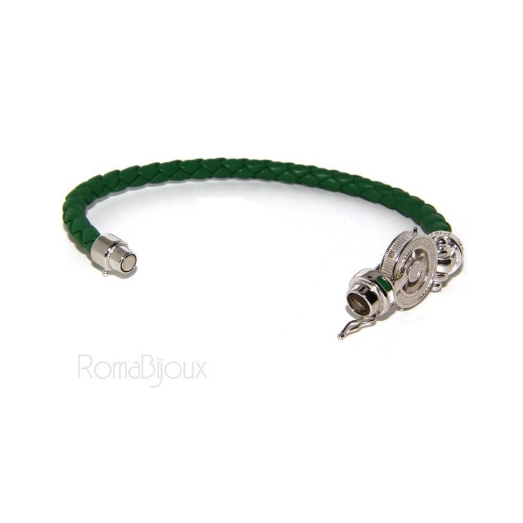 NLB|ARGENTO 925 : Bracciale uomo massiccio pelle con timone e serigrafie made in italy verde