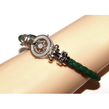 NLB|SILVER 925: big man leather bracelet with rudder and serigraphs made in italy green
