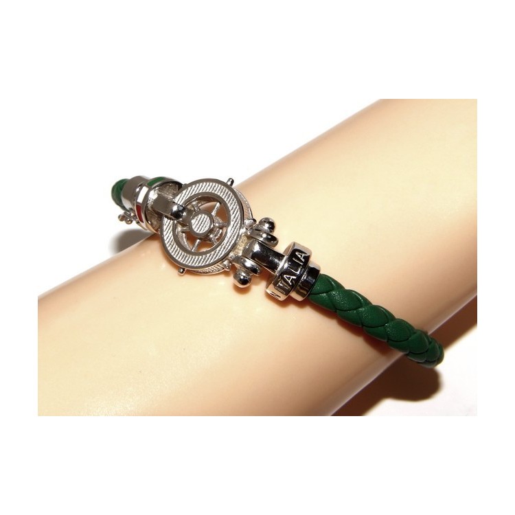 NLB|SILVER 925: big man leather bracelet with rudder and serigraphs made in italy green