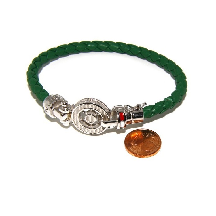 NLB|SILVER 925: big man leather bracelet with rudder and serigraphs made in italy green