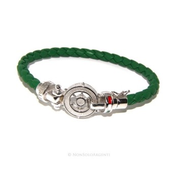 NLB|SILVER 925: big man leather bracelet with rudder and serigraphs made in italy green
