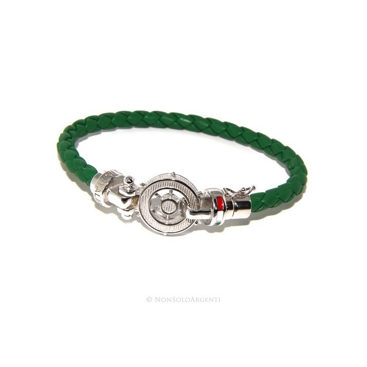 NLB|SILVER 925: big man leather bracelet with rudder and serigraphs made in italy green