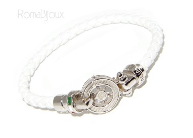 NLB|ARGENTO 925 : Bracciale uomo massiccio pelle con timone e serigrafie made in italy bianco 18,00 cm