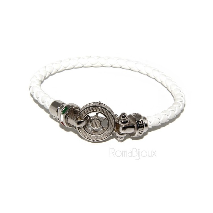 NLB|ARGENTO 925 : Bracciale uomo massiccio pelle con timone e serigrafie made in italy bianco 18,00 cm