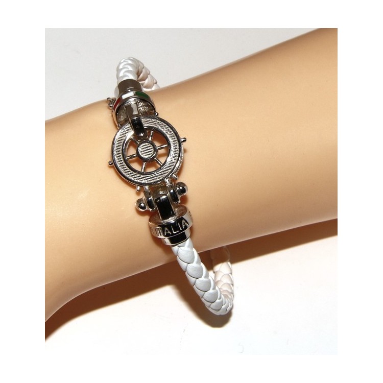 NLB|ARGENTO 925 : Bracciale uomo massiccio pelle con timone e serigrafie made in italy bianco 18,00 cm
