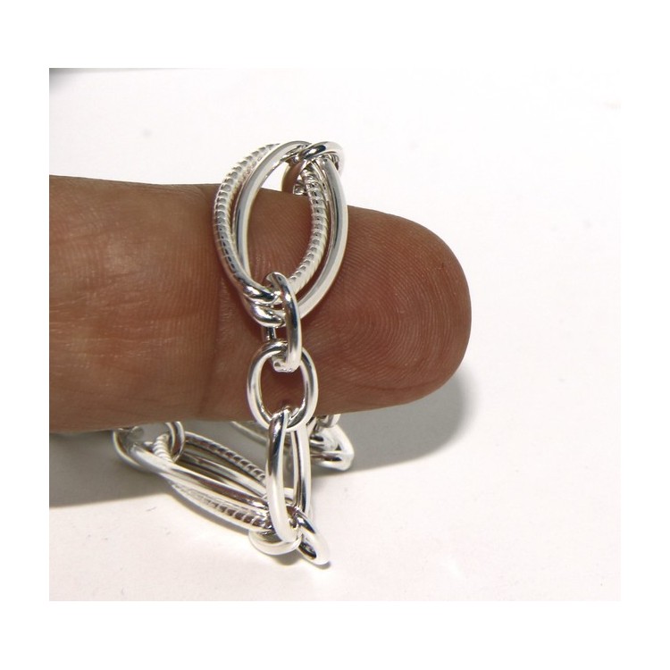 NLB|Bracciale donna in Argento 925 non rodiato, ovali brillantati e lisci 18,50 cm