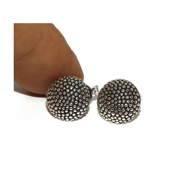 NLB|Argento 925 : coppia di orecchini uomo donna mezza sfera borchiati lavorazione tipo sarda 12mm