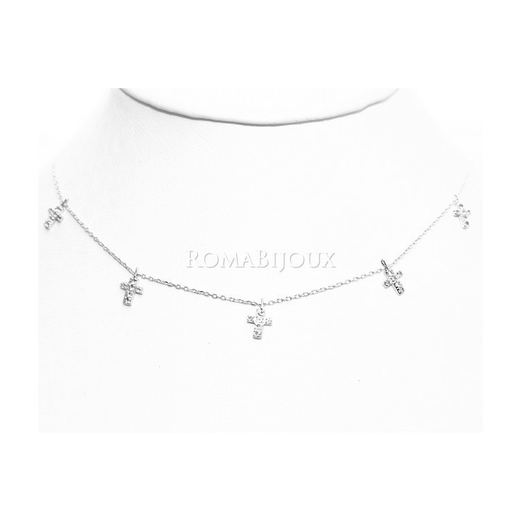 NLB|Argento 925 : Collana Collier donna 5 pendenti a giro croce con pavè zirconi aquamarine light