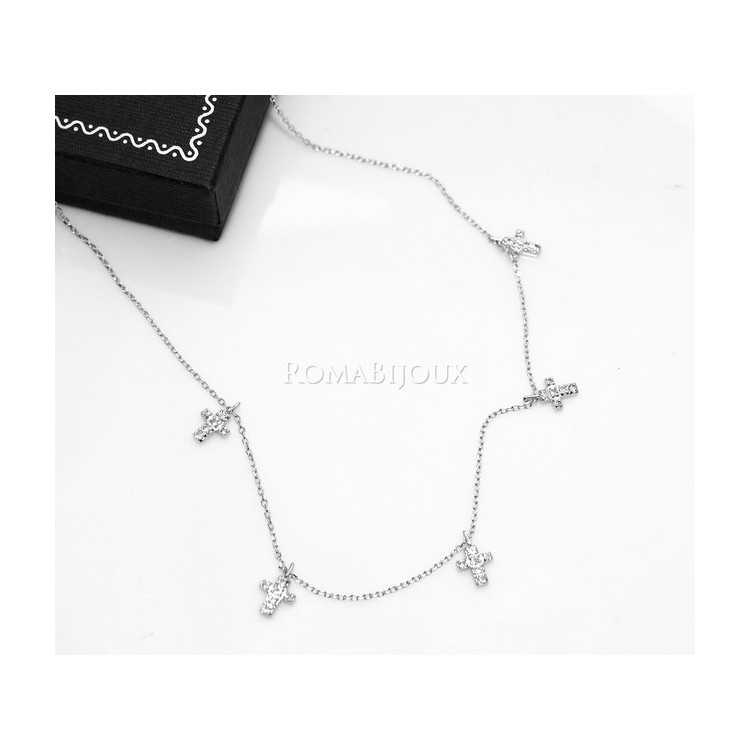 NLB|Argento 925 : Collana Collier donna 5 pendenti a giro croce con pavè zirconi aquamarine light