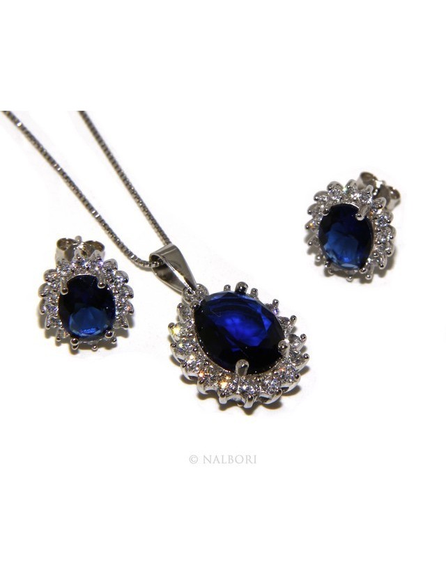 Parure argento 925 collana ciondolo orecchini donna big oval pave' zirconi e punto luce blu sapphire Parure argento 925 collana ciondolo orecchini donna big oval pave' zirconi e punto luce blu sapphire