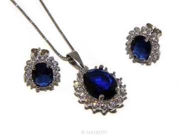 NLB|Parure 925 sterling silver pendant necklace earrings female big oval pave 'zirconia and sapphire blue light point