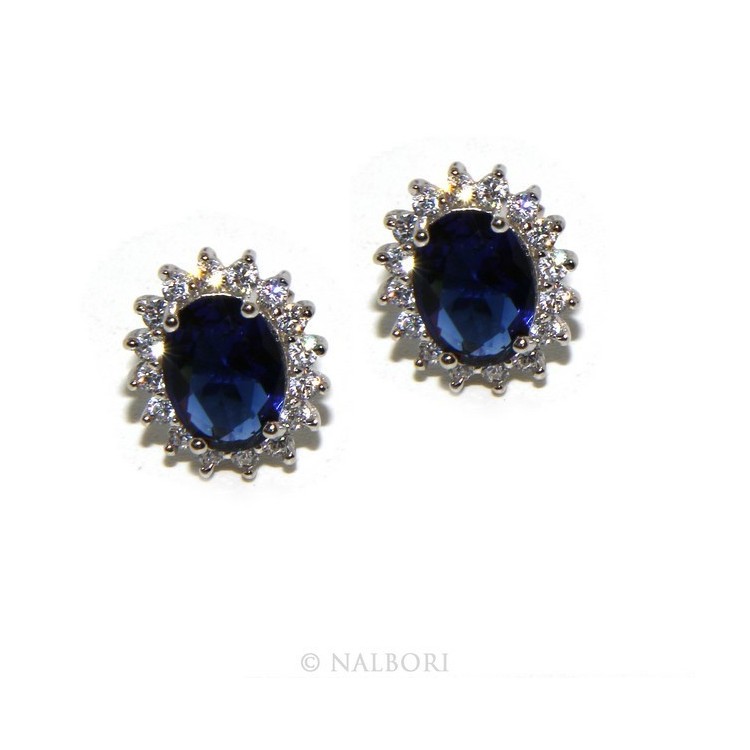 NLB|Parure 925 sterling silver pendant necklace earrings female big oval pave 'zirconia and sapphire blue light point