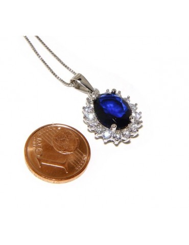 Parure argento 925 collana ciondolo orecchini donna big oval pave' zirconi e punto luce blu sapphire