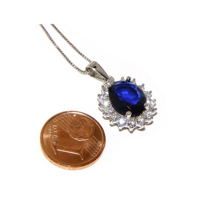 NLB|Parure 925 sterling silver pendant necklace earrings female big oval pave 'zirconia and sapphire blue light point