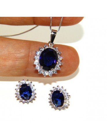 Parure argento 925 collana ciondolo orecchini donna big oval pave' zirconi e punto luce blu sapphire