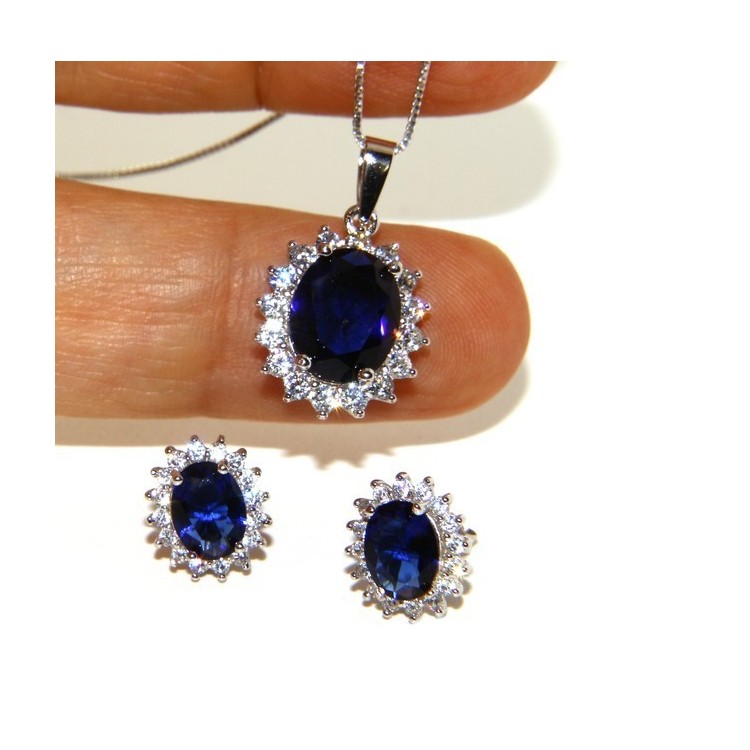 NLB|Parure argento 925 collana ciondolo orecchini donna big oval pave' zirconi e punto luce blu sapphire
