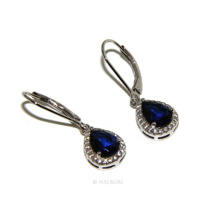 NLB|925: earrings woman light point white and blue zircon sapphire, teardrop shape and fishhook security.