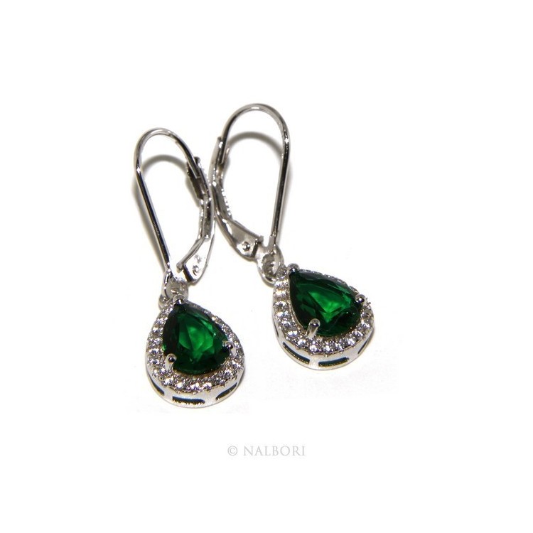 NLB|Argento 925 : orecchini donna punto luce zircone bianco e verde emerald goccia monachella sicurezza