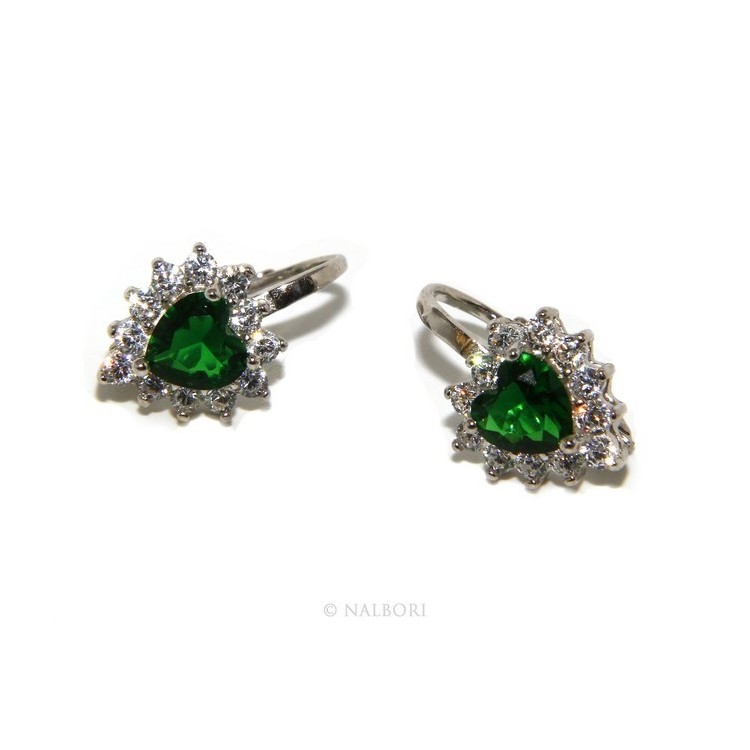 NLB|Argento 925 : orecchini donna punto luce zircone verde emerald bianco cuore monachella sicurezza