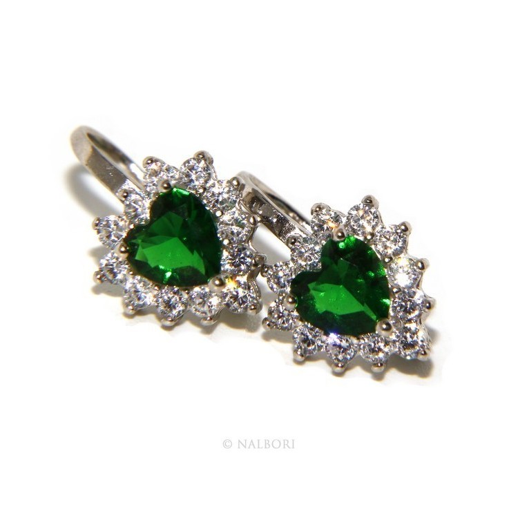 NLB|Argento 925 : orecchini donna punto luce zircone verde emerald bianco cuore monachella sicurezza