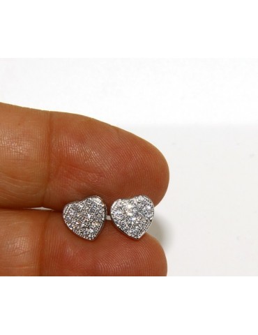 Argento 925 : coppia di orecchini 9 mm uomo donna bottone cuore pavè zirconi mircosetting