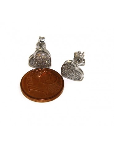 Argento 925 : coppia di orecchini 9 mm uomo donna bottone cuore pavè zirconi mircosetting