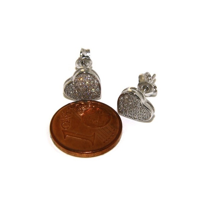 NLB|Argento 925 : coppia di orecchini 9 mm uomo donna bottone cuore pavè zirconi mircosetting