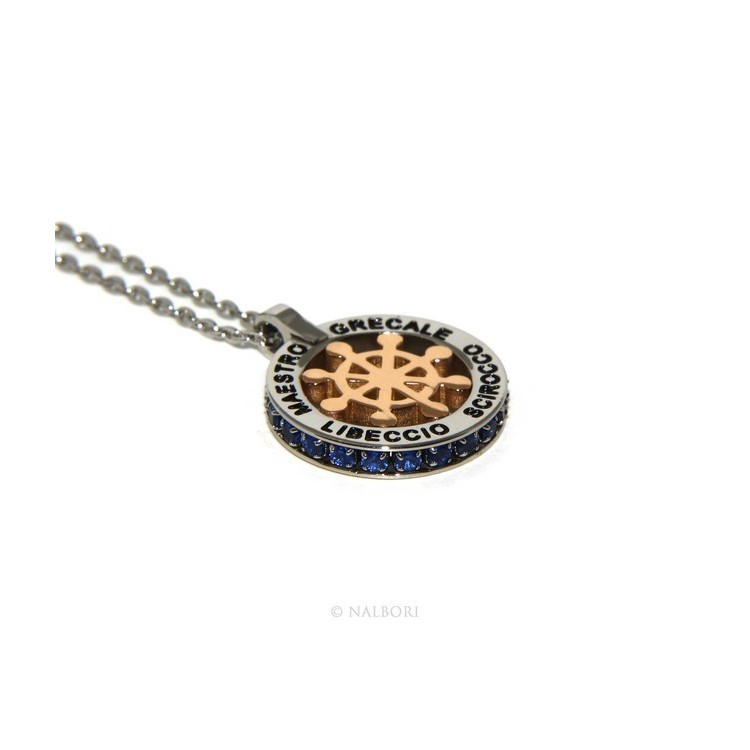 NLB|Steel: forzatina helm pendant necklace with round and twenty zircon gold blue