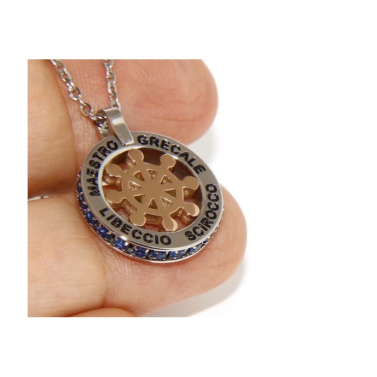 NLB|Steel: forzatina helm pendant necklace with round and twenty zircon gold blue