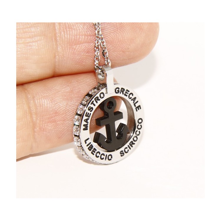 NLB|Steel: forzatina necklace with round pendant STILL and twenty black cubic zirconia