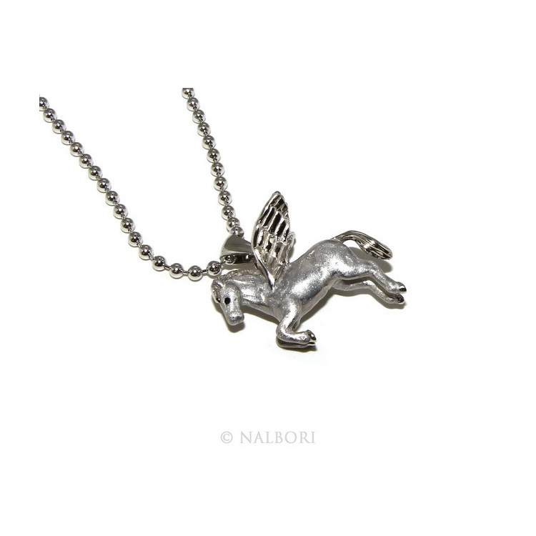 NLB|SILVER 925: 3 mm balls long necklace pendant Pegasus winged horse 3D enamelled