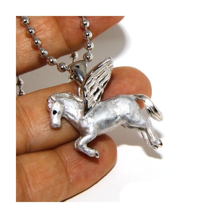 NLB|SILVER 925: 3 mm balls long necklace pendant Pegasus winged horse 3D enamelled