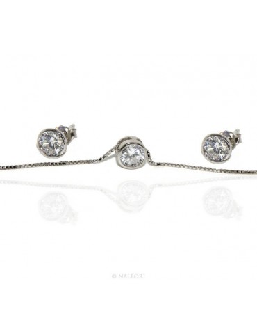 Argento 925 : Parure cipollino 5 mm punto luce con zircone. Catena veneziana ciondolo passante e Orecchini abbinati