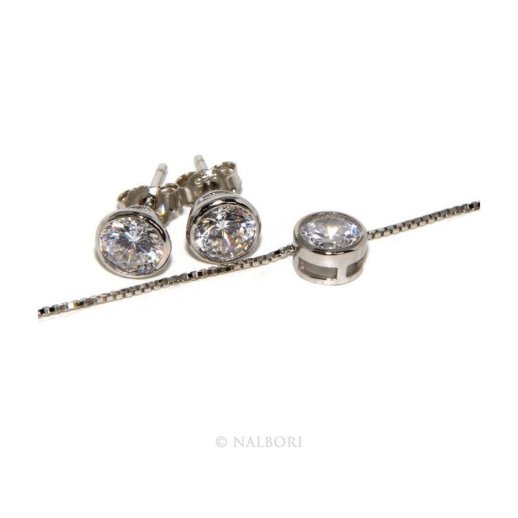 NLB|Argento 925 : Parure cipollino 5 mm punto luce con zircone. Catena veneziana ciondolo passante e Orecchini abbinati