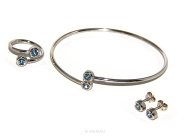 NLB|ARGENTO 925 : Bracciale donna schiava orecchini anello zirconi naturali azzurro aquamarine brillante