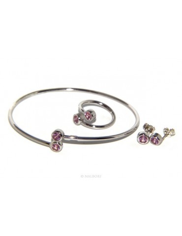 ARGENTO 925 : Bracciale donna schiava orecchini anello zirconi naturali rosa rosaline brillante