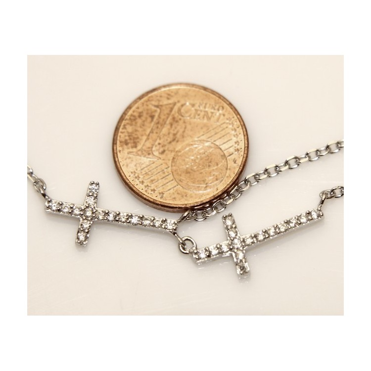 NLB|Argento 925 : Collana Collier donna o uomo doppia catena e 2 croci pavè zirconi bianchi